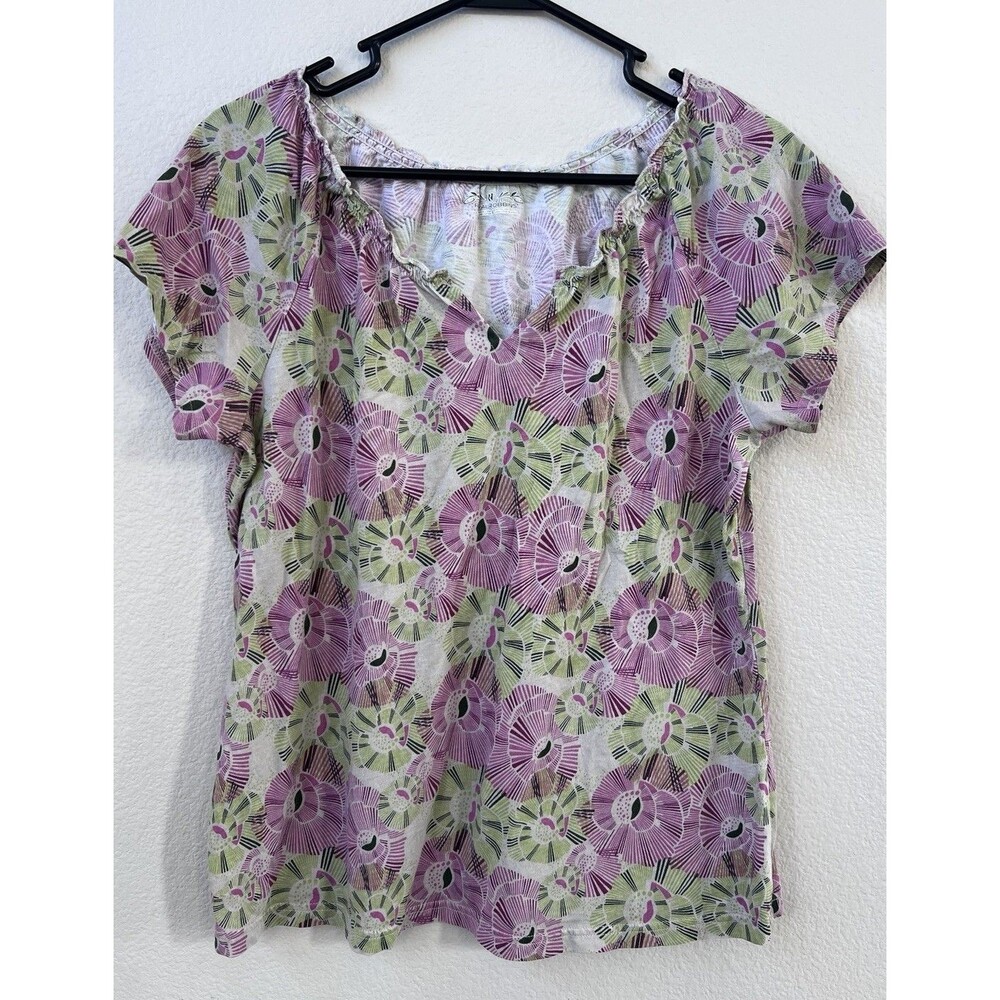 Royal Robbins Women’s XL Organic Cotton Floral Split Neck Shirt Pink Green